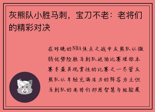 灰熊队小胜马刺，宝刀不老：老将们的精彩对决